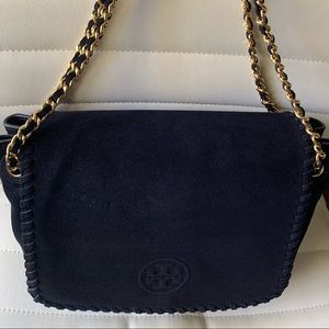 Beautiful blue suede Tory Burch Marion flap shoulder bag